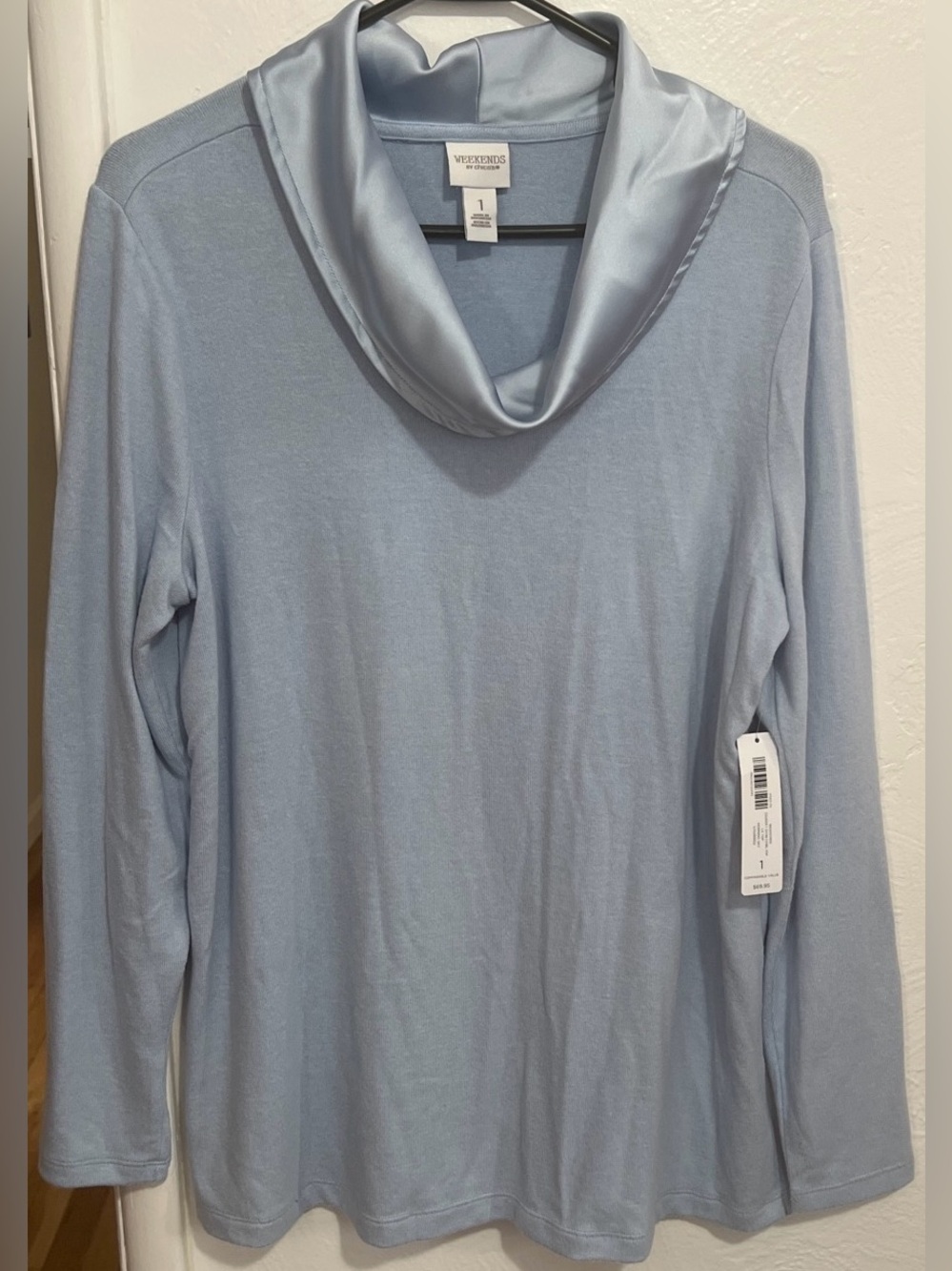 NWT Chico's Weekends Cozisoft Satin Cowl Top Morning Sky Size 1